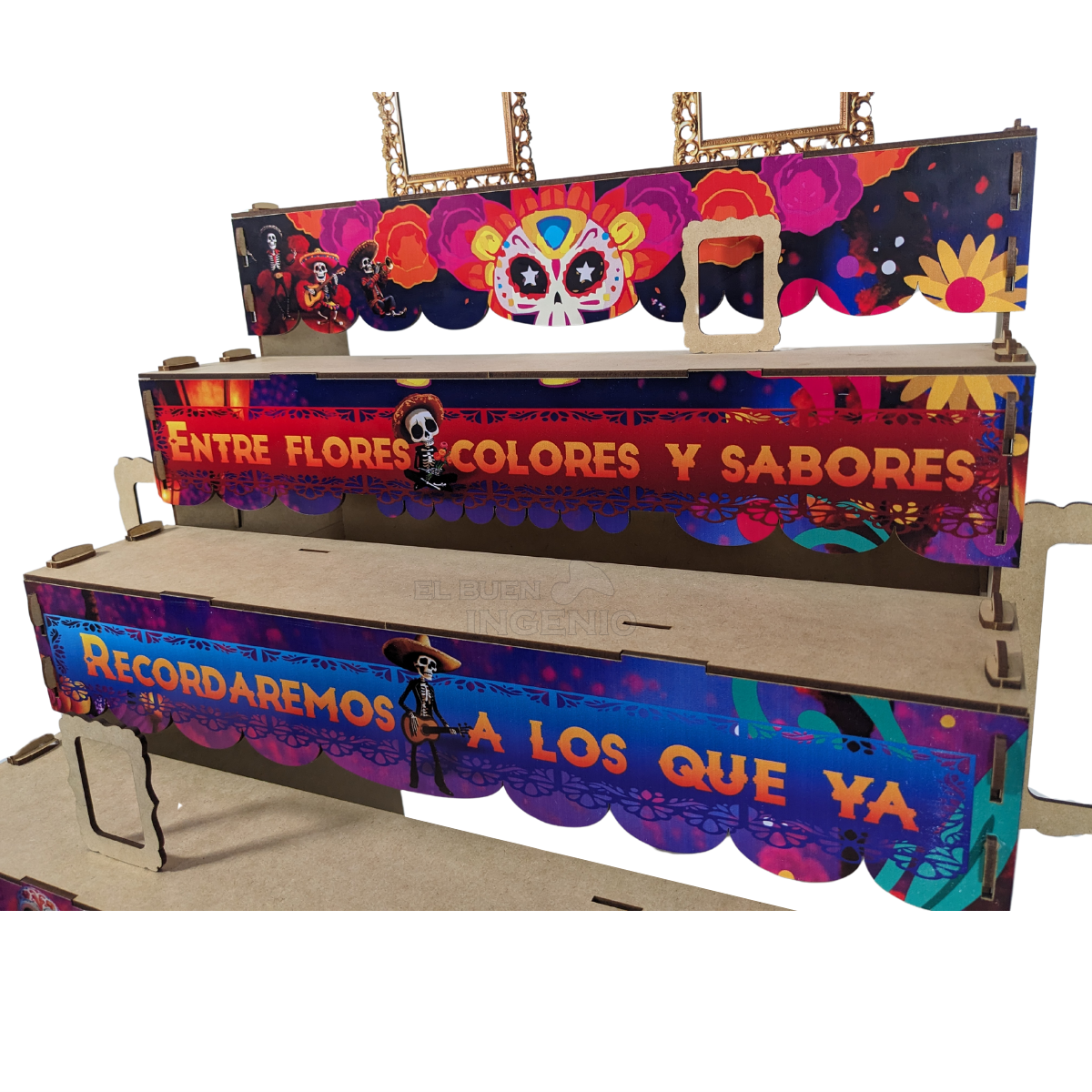 Ofrenda Día De Muertos Altar De Muertos Decorada a Color Con Frase Medidas 50cm x 70cm x 70cm