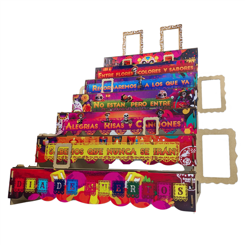 Ofrenda Día De Muertos Altar De Muertos Decorada a Color Con Frase Medidas 50cm x 70cm x 70cm