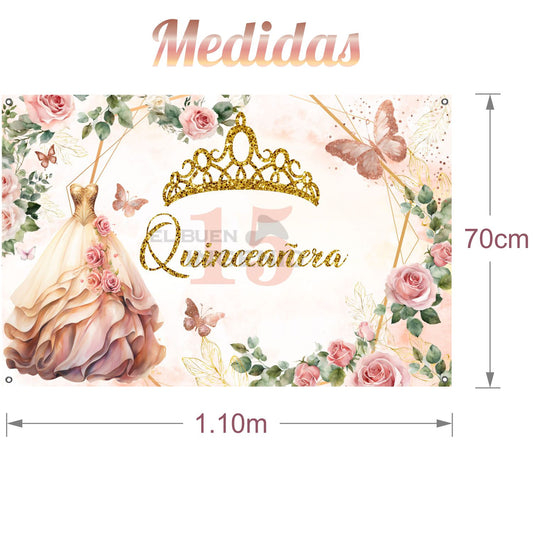 Lona Fondo Quinceañera Quince XV Fiesta Princesa Tiara Corona Mariposas Vestido Realista Colores