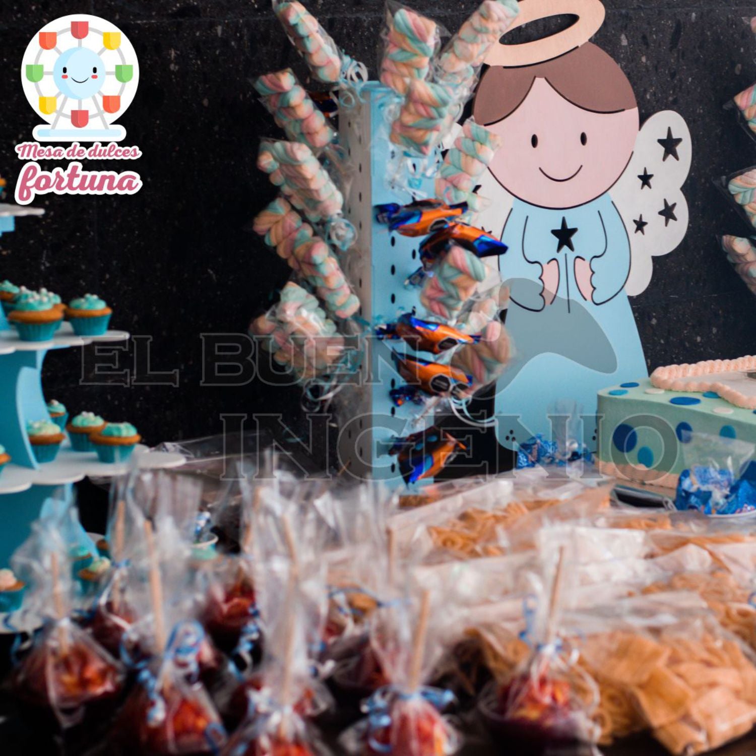 Adorno Centro de Mesa Angelito con Arbol Estrellas Bautizo Baby Shower