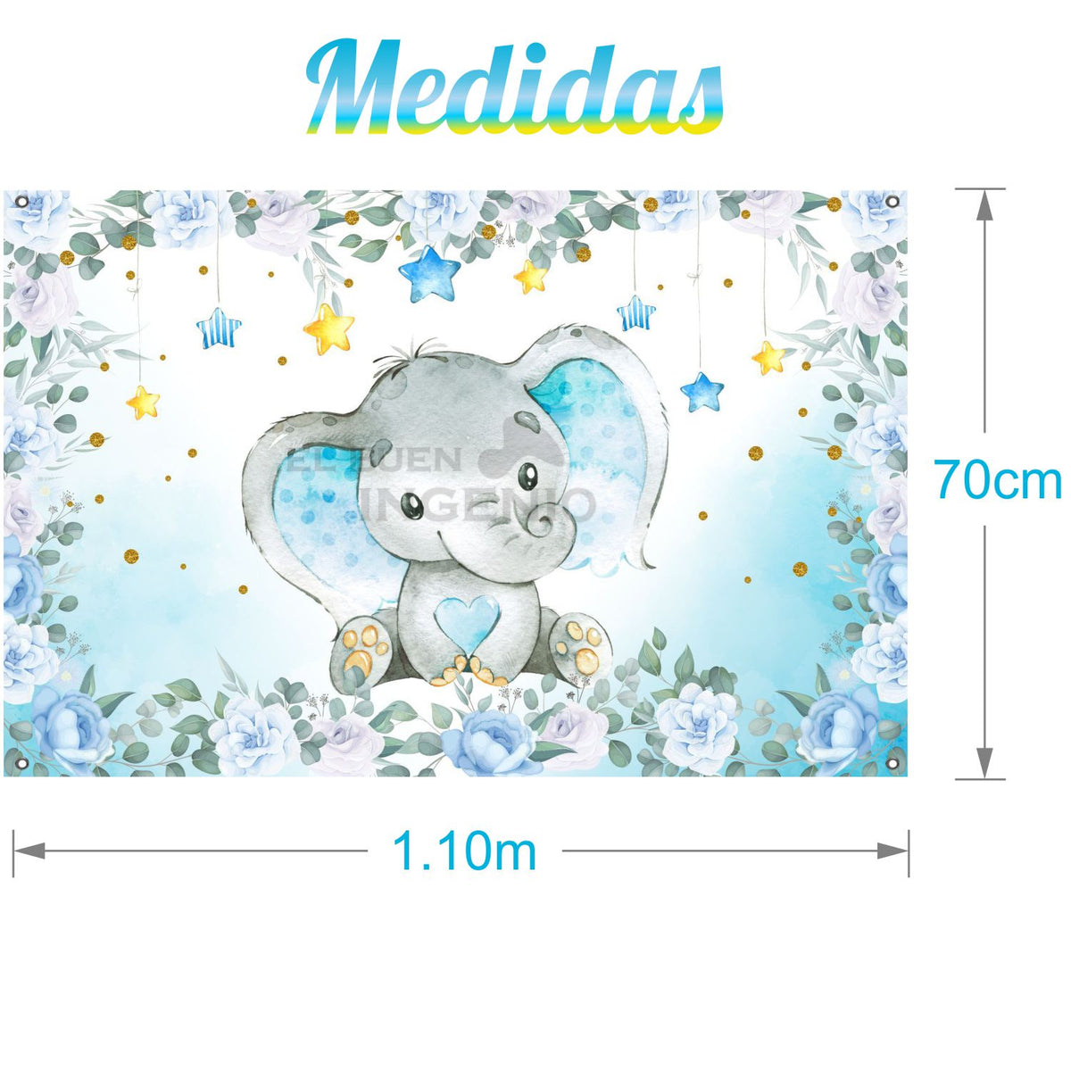 Lona impresa decoración fiesta mesa de dulces tema Baby Shower Baby Elefante Azul