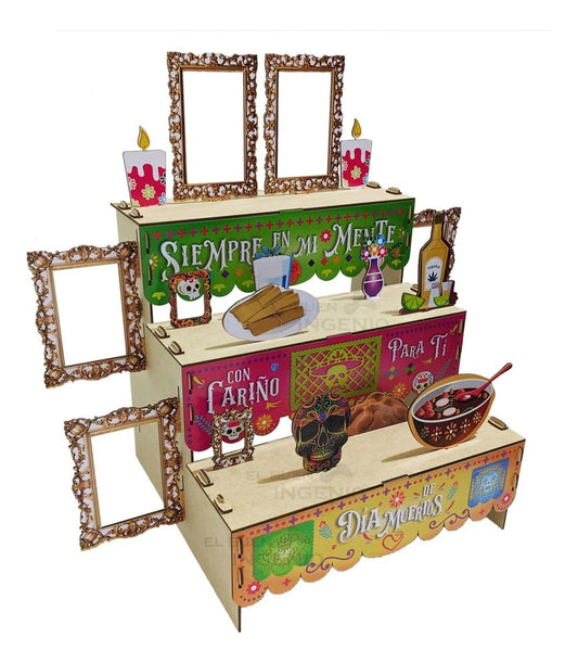 Ofrenda Día De Muertos Color Madera MDF Altar Con Decoración Y Adornos