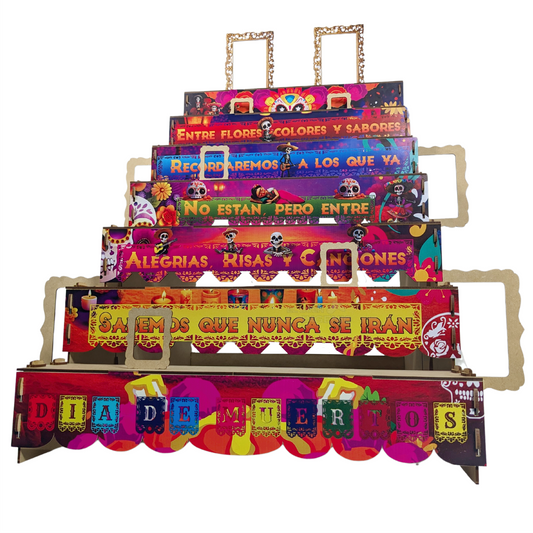 Ofrenda Día De Muertos Altar De Muertos Decorada a Color Con Frase Medidas 50cm x 70cm x 70cm