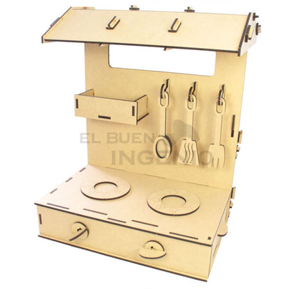 Cocina infantil de mesa con tiendita en la parte trasera