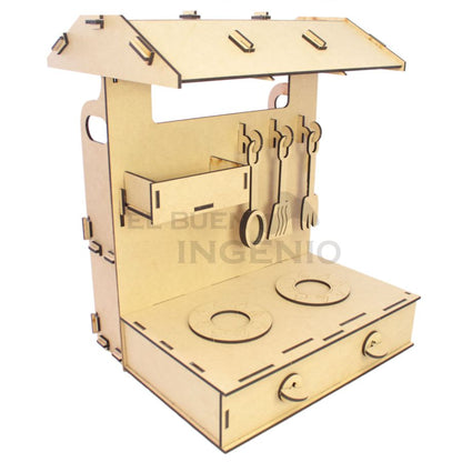 Cocina infantil de mesa con tiendita en la parte trasera