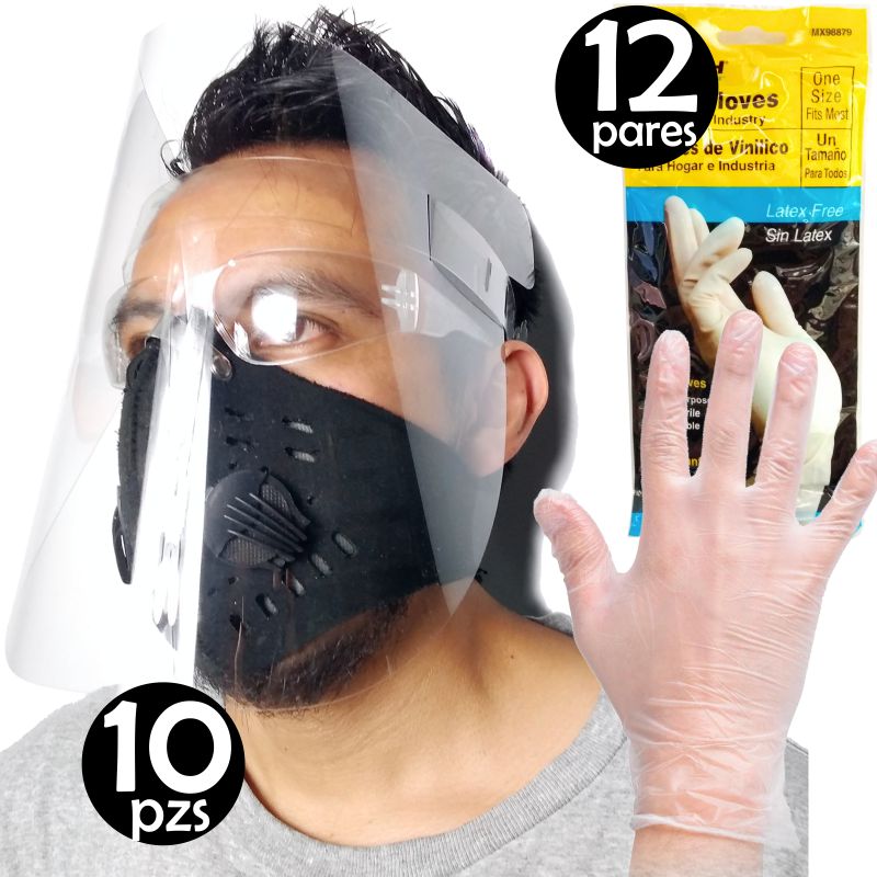 Kit 10 Mascarillas Caretas Protectores Facial Con 12 Pares Guantes
