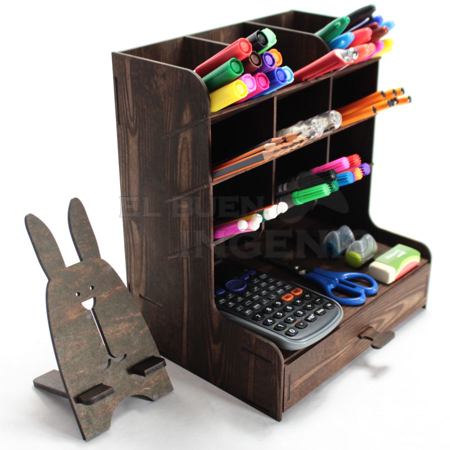 Organizador de escritorio con base para celular Conejo Nogal